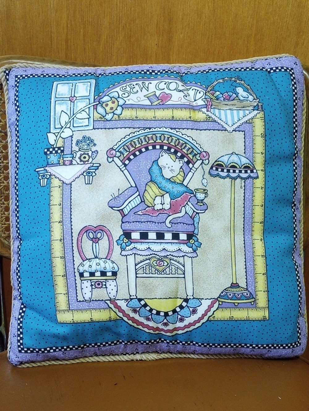 Sew Cozy Colorful Country Toss Pillow w/ Cat. Aqua Yellow Purple White Pink Blue